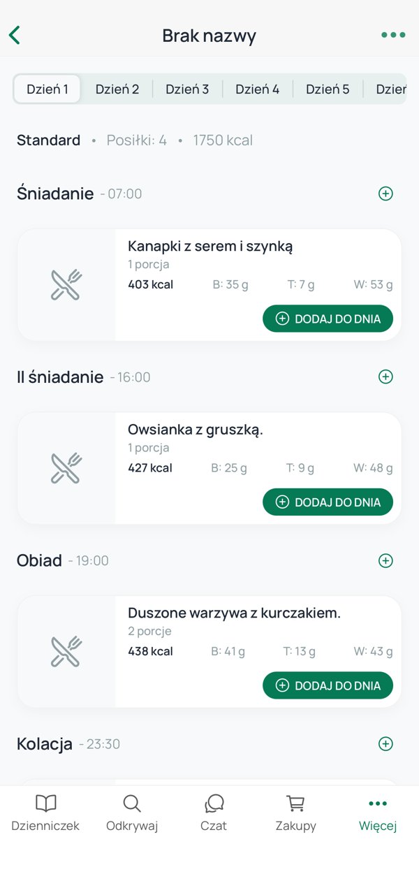 Jadłospis na dzień w aplikacji dietetycznej