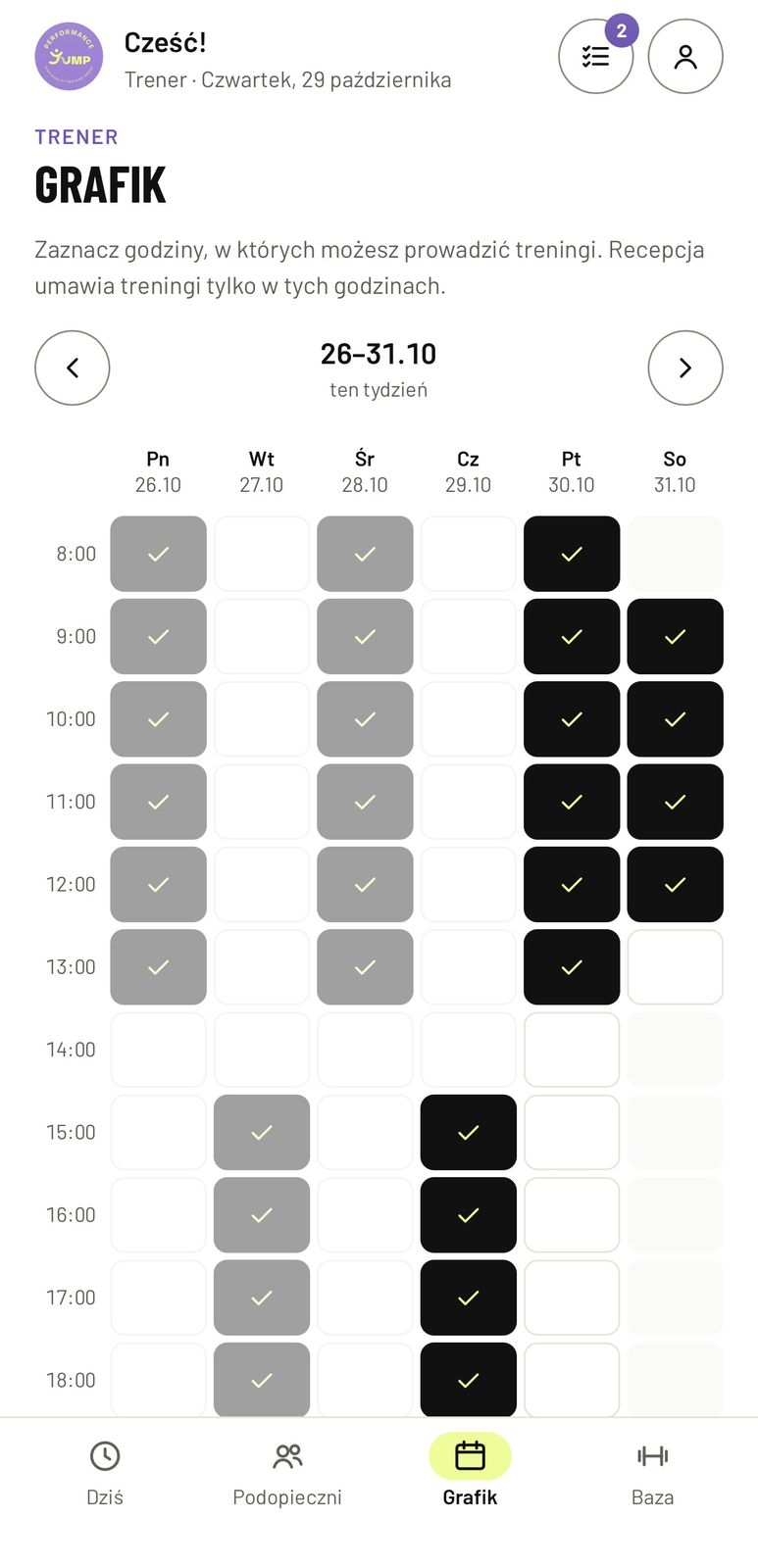 Grafik treningów w aplikacji studia