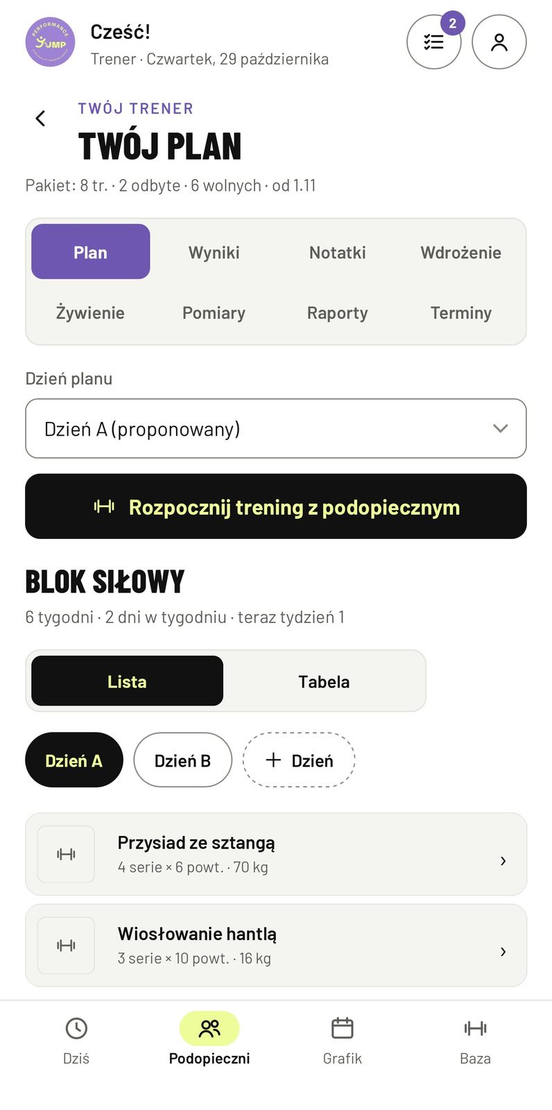 Plan treningowy w aplikacji studia